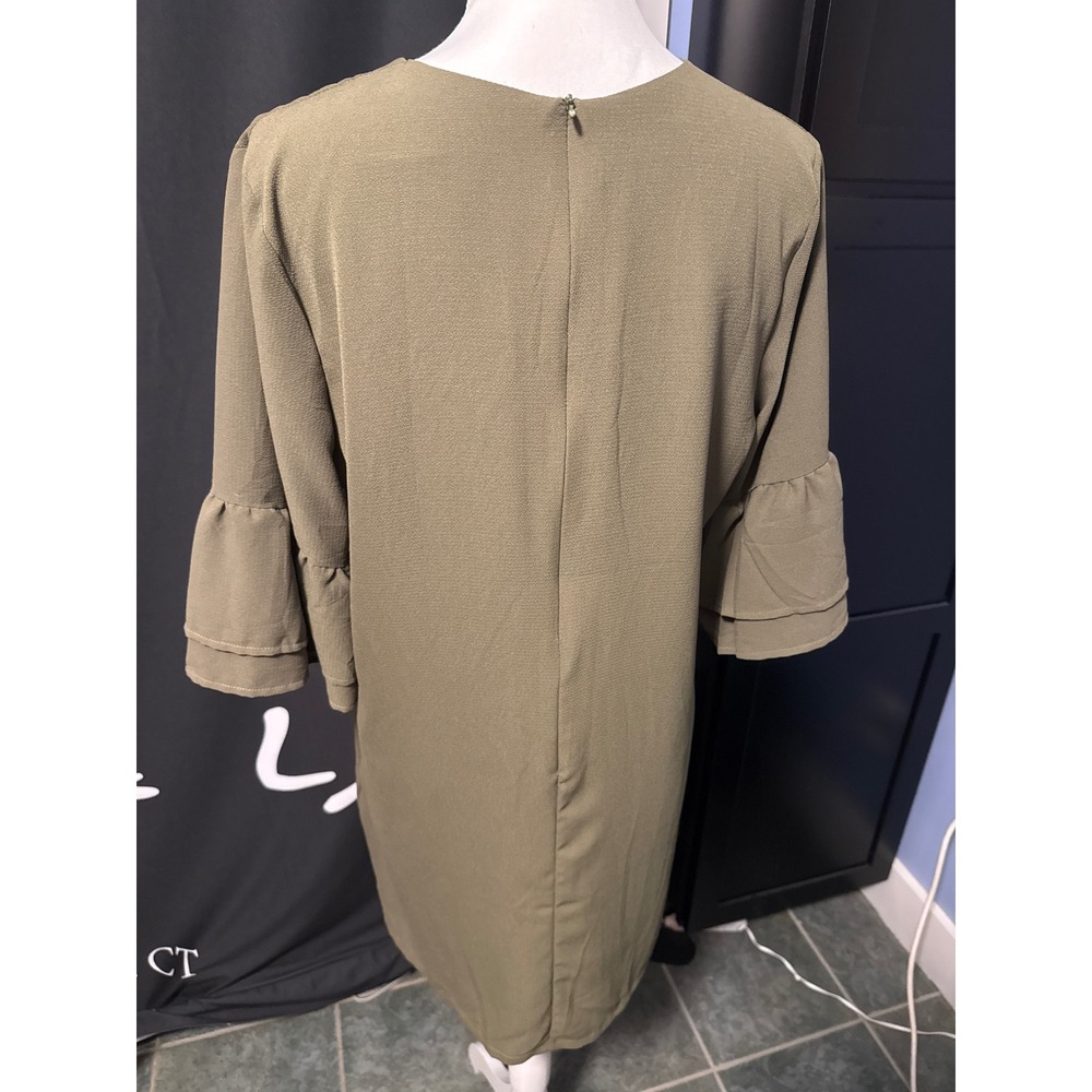 Belongsci Olive Green V-Neck Bell Sleeve Shift Dress 8817-2# Large - Picture 2 of 4